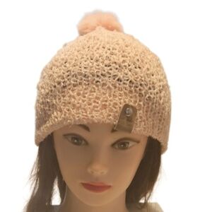 Hand Crafted Crochet pom pom beanie pink Paper Lace 73% Nylon 27% polyester soft